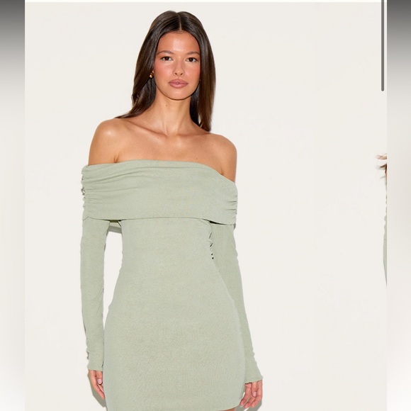 SAGE GREEN ONION SKIN BARDOT RUCHED BODYCON DRESS Women’s Size 12 - Picture 2 of 7